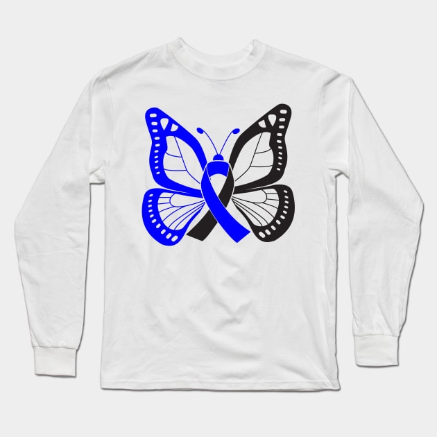 Blue and Black Butterfly Awareness Ribbon Long Sleeve T-Shirt by FanaticTee